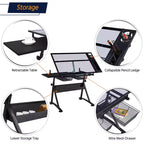 Juego de mesa de dibujo de vidrio ajustable y taburete, negro, 1 persona