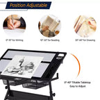 Juego de mesa de dibujo de vidrio ajustable y taburete, negro, 1 persona