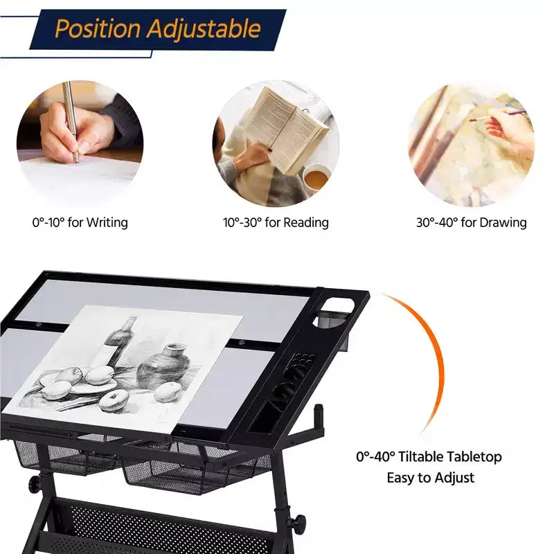 Juego de mesa de dibujo de vidrio ajustable y taburete, negro, 1 persona