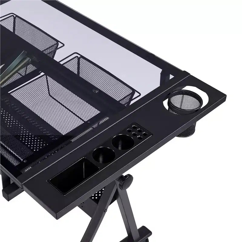 Juego de mesa de dibujo de vidrio ajustable y taburete, negro, 1 persona