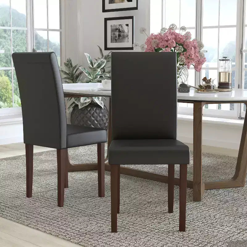 Sillas de comedor Parsons de mediados de siglo, tapizadas en piel sintética, juego de 2 – Beige / Negro / Marrón