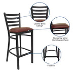 Taburete de bar con respaldo de escalera y estructura de metal negro, asiento multicolor — Juego de 2