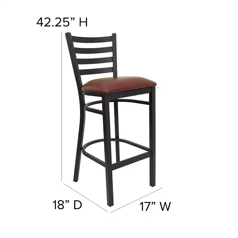 Taburete de bar con respaldo de escalera y estructura de metal negro, asiento multicolor — Juego de 2