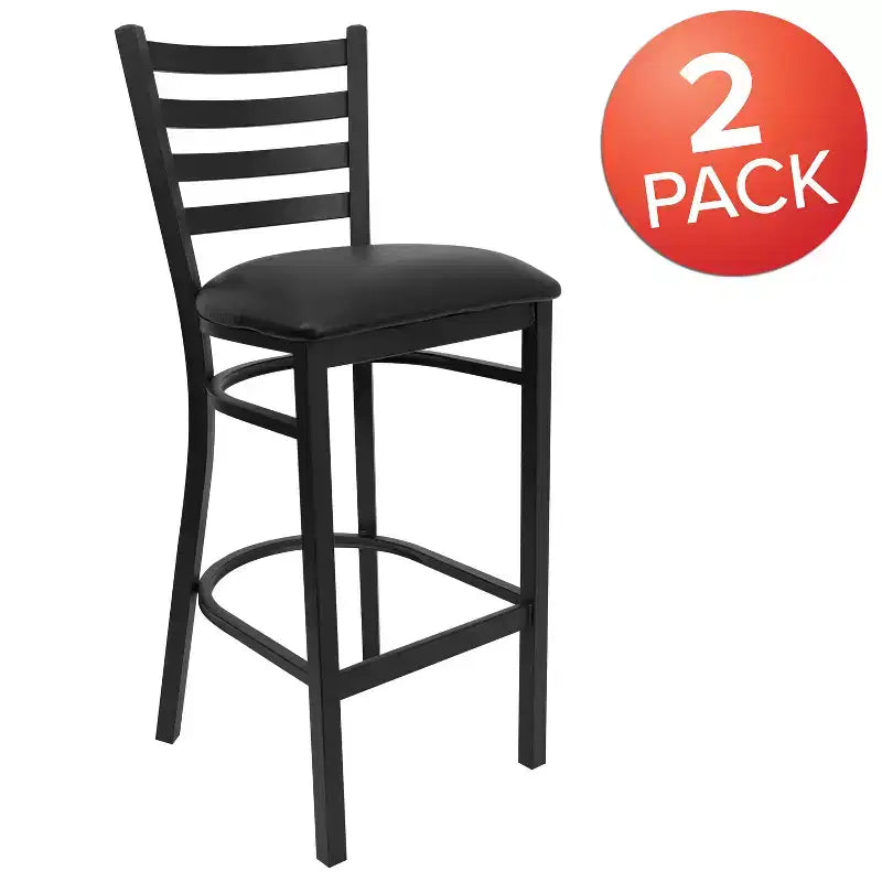 Taburete de bar con respaldo de escalera y estructura de metal negro, asiento multicolor — Juego de 2