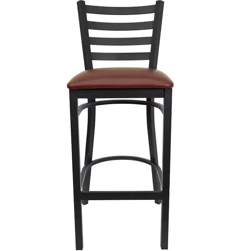 Taburete de bar con respaldo de escalera y estructura de metal negro, asiento multicolor — Juego de 2