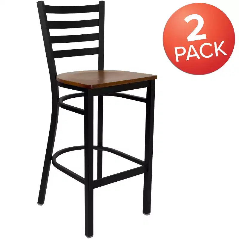 Taburete de bar con respaldo de escalera y estructura de metal negro, asiento multicolor — Juego de 2