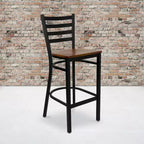 Taburete de bar con respaldo de escalera y estructura de metal negro, asiento multicolor — Juego de 2