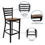 Taburete de bar con respaldo de escalera y estructura de metal negro, asiento multicolor — Juego de 2