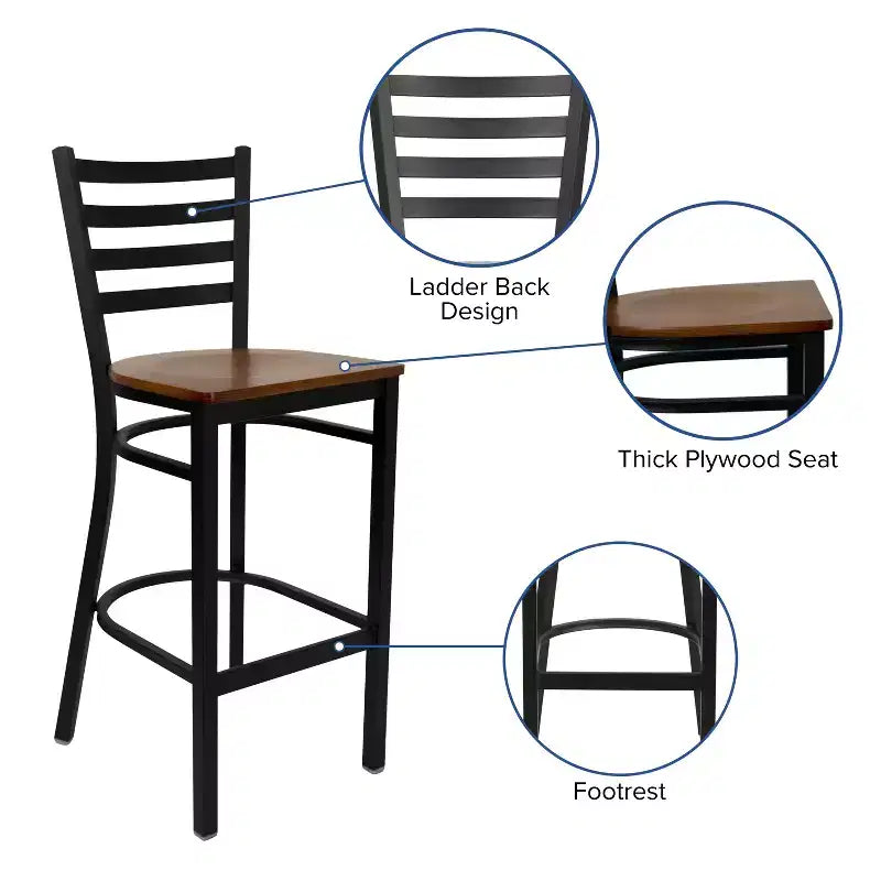 Taburete de bar con respaldo de escalera y estructura de metal negro, asiento multicolor — Juego de 2
