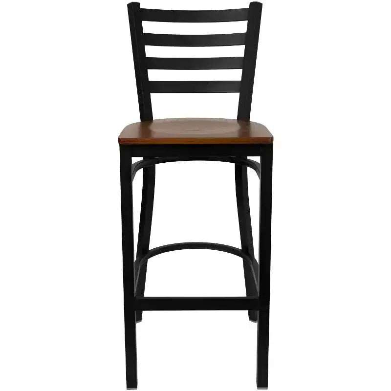 Taburete de bar con respaldo de escalera y estructura de metal negro, asiento multicolor — Juego de 2