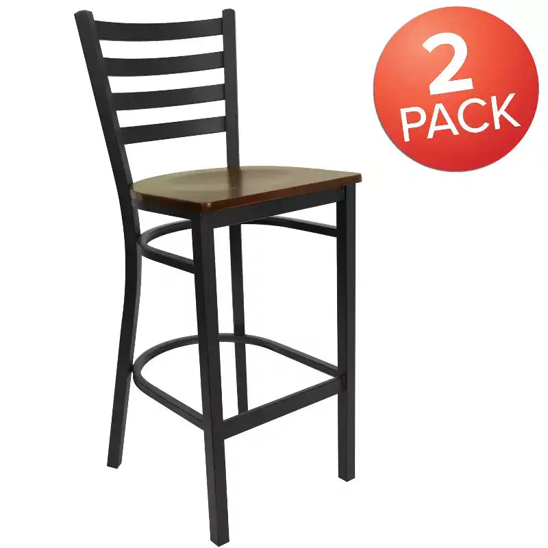 Taburete de bar con respaldo de escalera y estructura de metal negro, asiento multicolor — Juego de 2