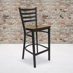 Taburete de bar con respaldo de escalera y estructura de metal negro, asiento multicolor — Juego de 2