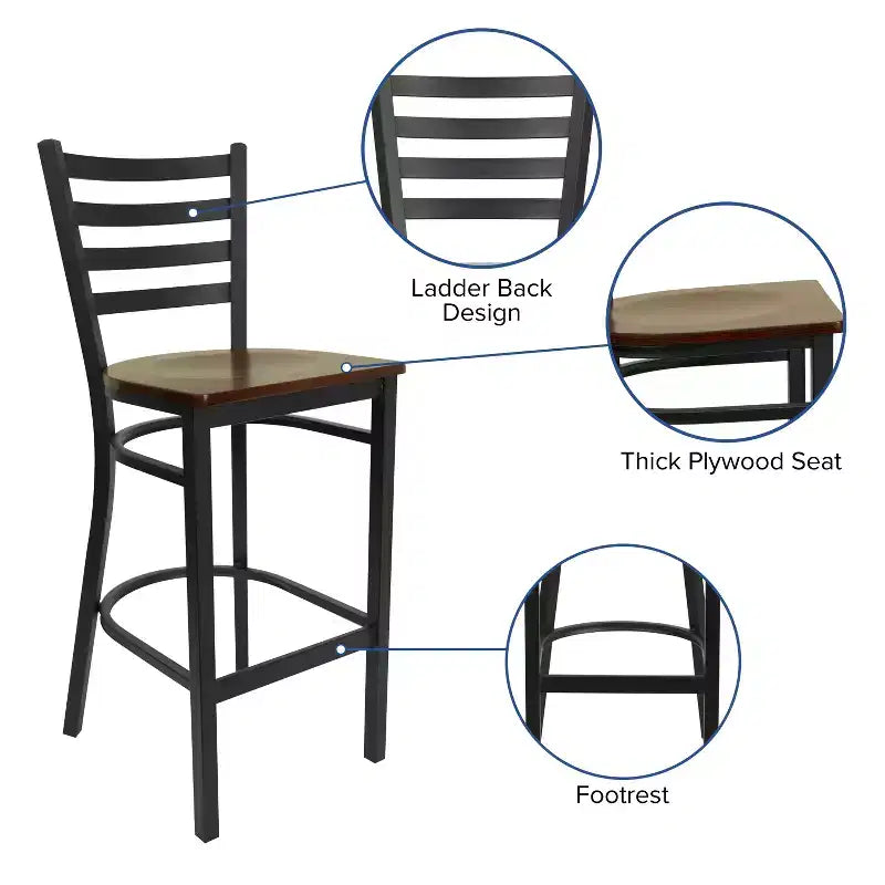 Taburete de bar con respaldo de escalera y estructura de metal negro, asiento multicolor — Juego de 2
