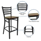 Taburete de bar con respaldo de escalera y estructura de metal negro, asiento multicolor — Juego de 2