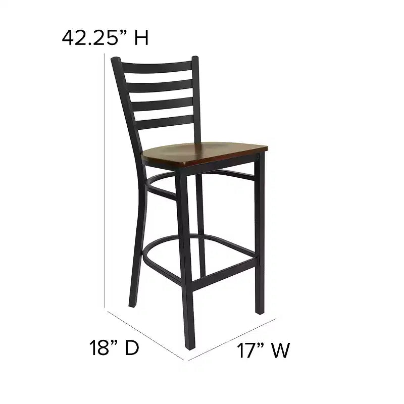 Taburete de bar con respaldo de escalera y estructura de metal negro, asiento multicolor — Juego de 2