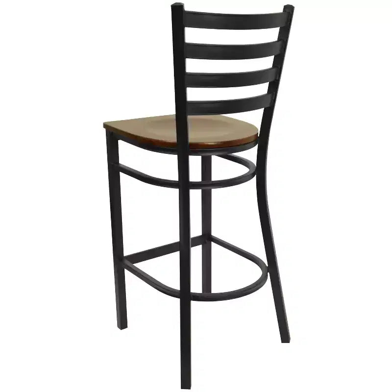 Taburete de bar con respaldo de escalera y estructura de metal negro, asiento multicolor — Juego de 2