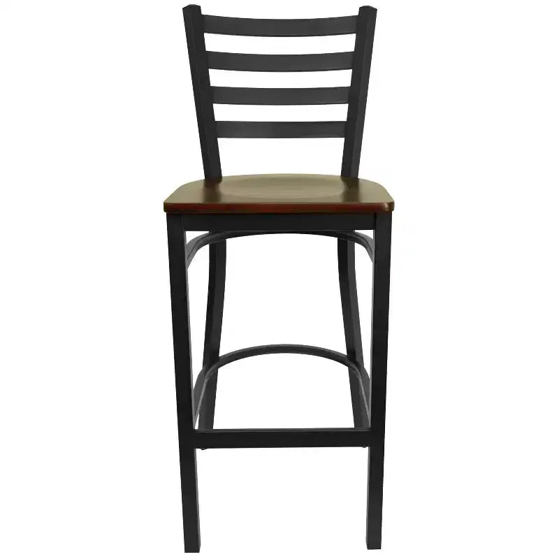 Taburete de bar con respaldo de escalera y estructura de metal negro, asiento multicolor — Juego de 2