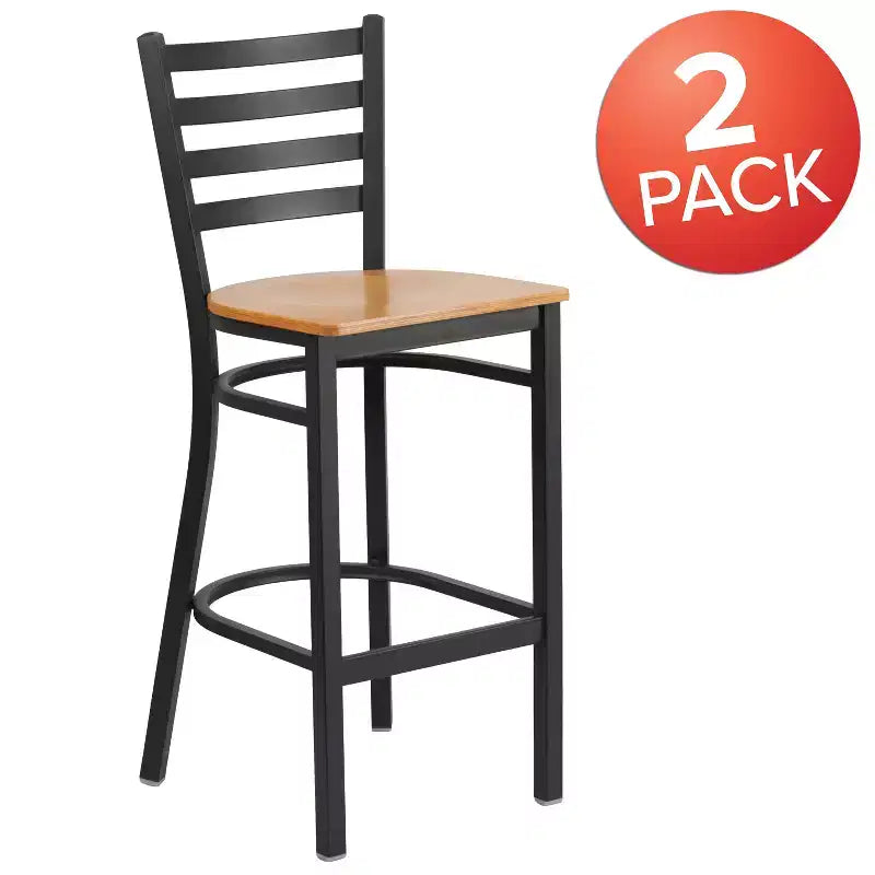 Taburete de bar con respaldo de escalera y estructura de metal negro, asiento multicolor — Juego de 2