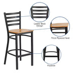 Taburete de bar con respaldo de escalera y estructura de metal negro, asiento multicolor — Juego de 2
