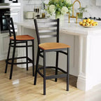 Taburete de bar con respaldo de escalera y estructura de metal negro, asiento multicolor — Juego de 2