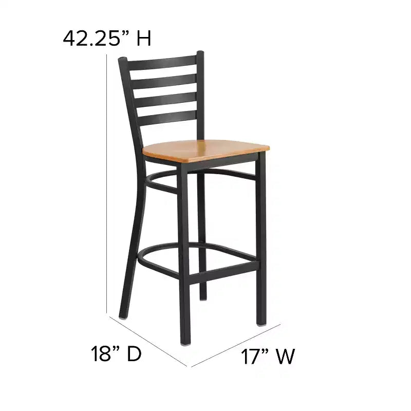 Taburete de bar con respaldo de escalera y estructura de metal negro, asiento multicolor — Juego de 2