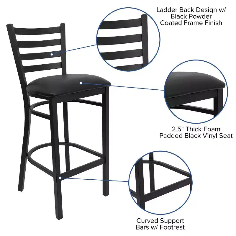 Taburete de bar con respaldo de escalera y estructura de metal negro, asiento multicolor — Juego de 2
