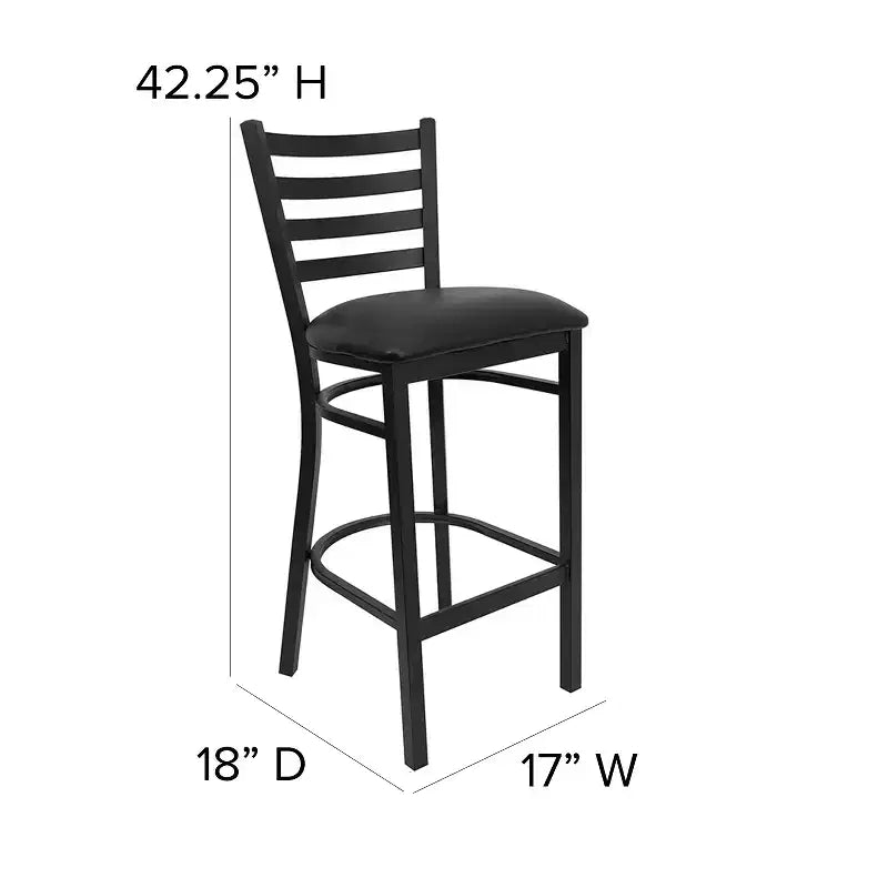 Taburete de bar con respaldo de escalera y estructura de metal negro, asiento multicolor — Juego de 2