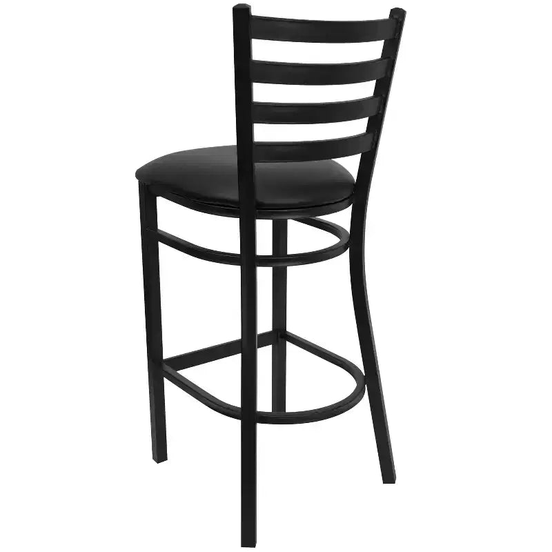 Taburete de bar con respaldo de escalera y estructura de metal negro, asiento multicolor — Juego de 2