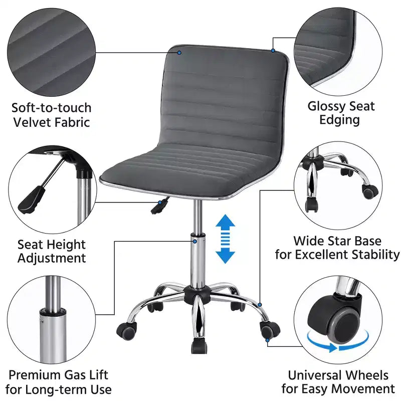 Silla de escritorio giratoria sin brazos con respaldo bajo de terciopelo – Rosa albaricoque / Gris oscuro, 1 persona