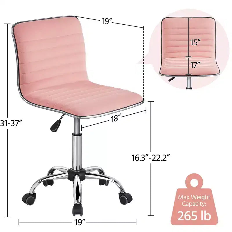Silla de escritorio giratoria sin brazos con respaldo bajo de terciopelo – Rosa albaricoque / Gris oscuro, 1 persona