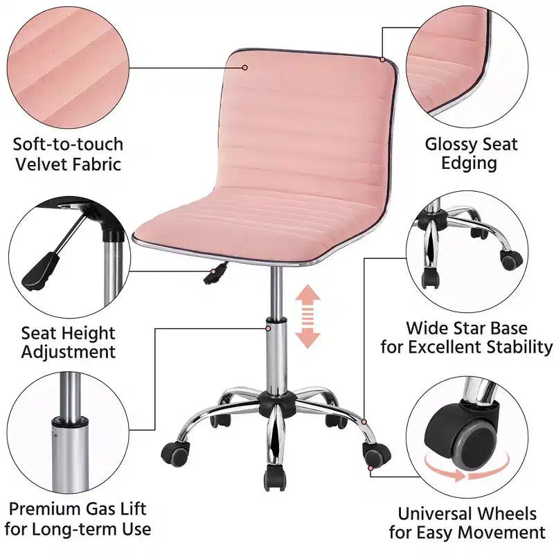 Silla de escritorio giratoria sin brazos con respaldo bajo de terciopelo – Rosa albaricoque / Gris oscuro, 1 persona